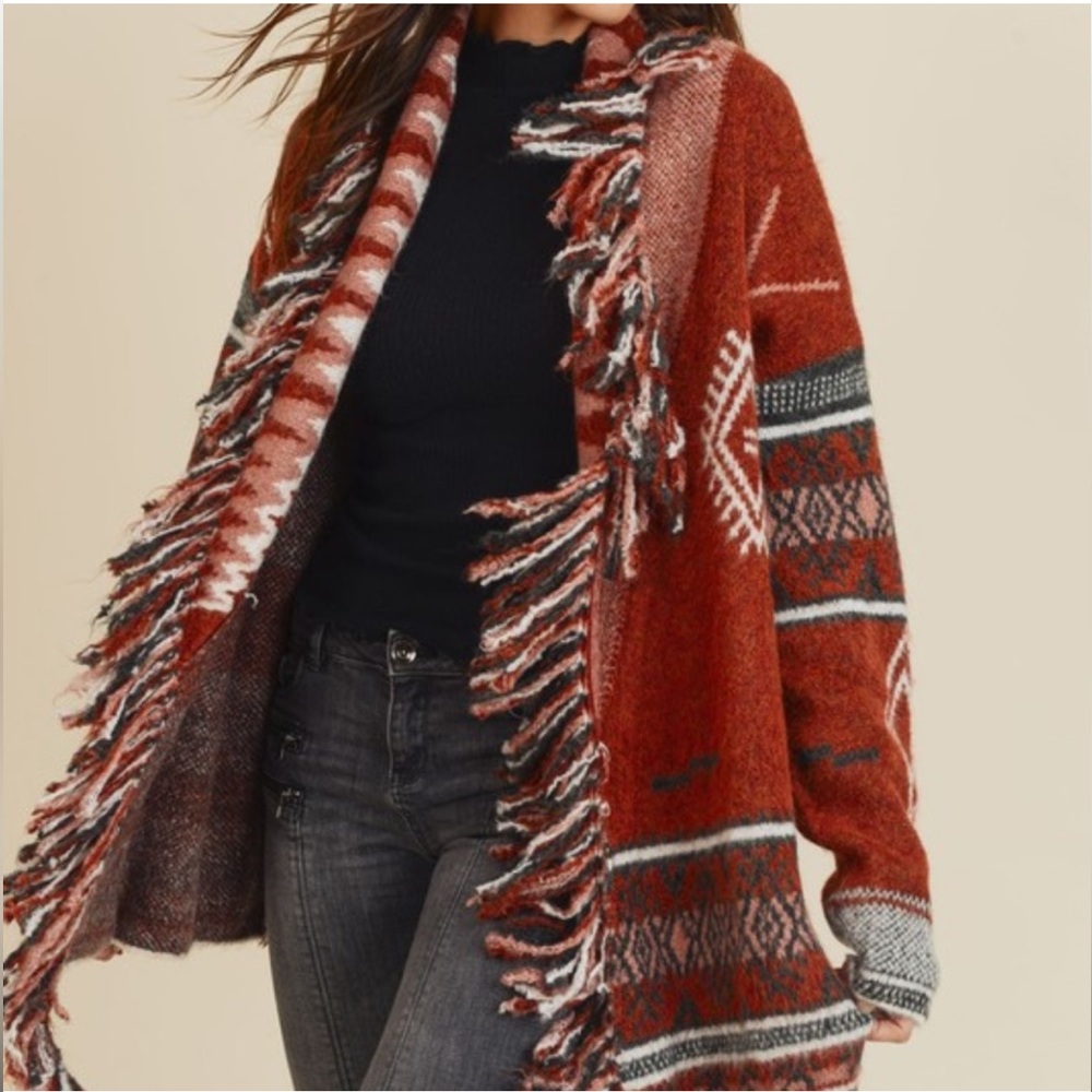 Cowichan Native Print Fringed Blanket Cardigan Sweater Size M